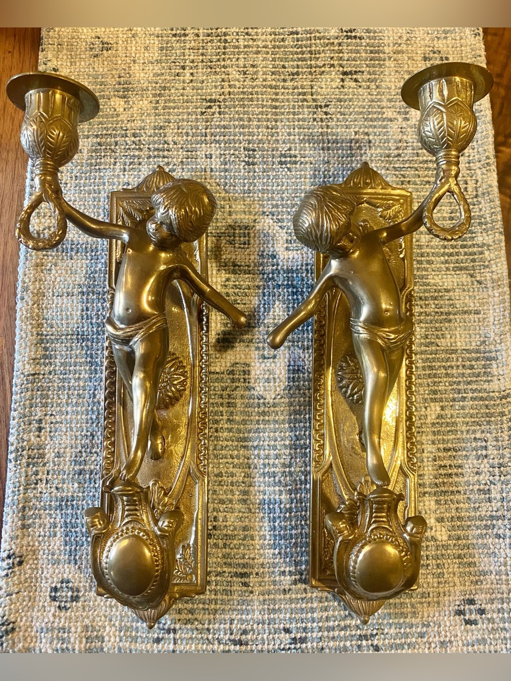 Pair Antique French Style Brass Putti Angels Cherub Wall Fixtures Candle Sconces